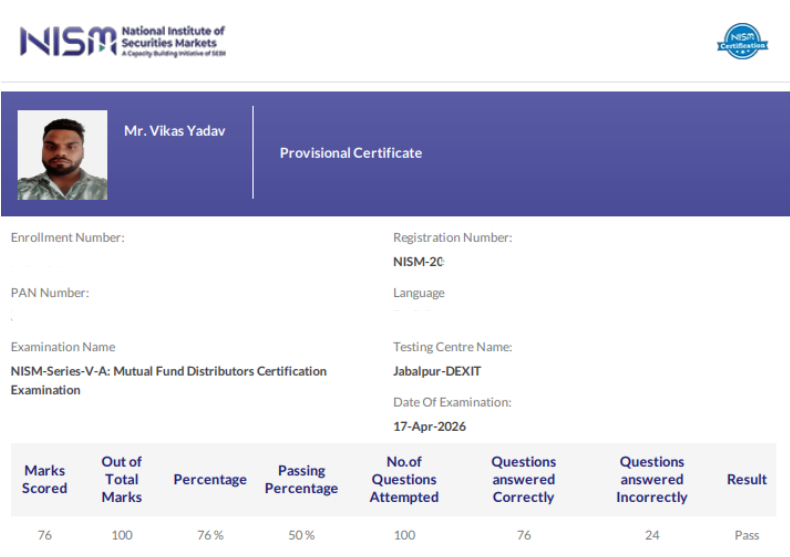 Vikas Yadav NISM Exams Testimonial